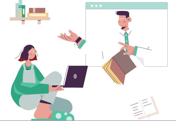 Illustration of a student on a laptop talking with a teacher on screen
