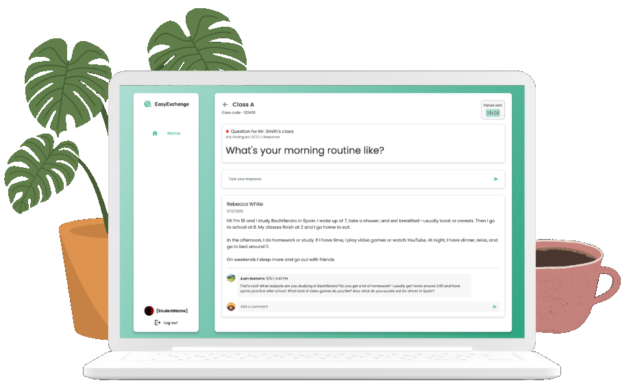 EasyExchange app on a laptop showing a student exchange thread